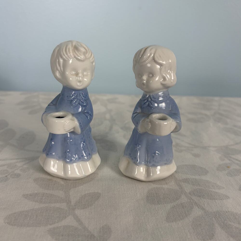 Vintage Porcelain Child Candle Holders Winter Blue White Original Box Christmas